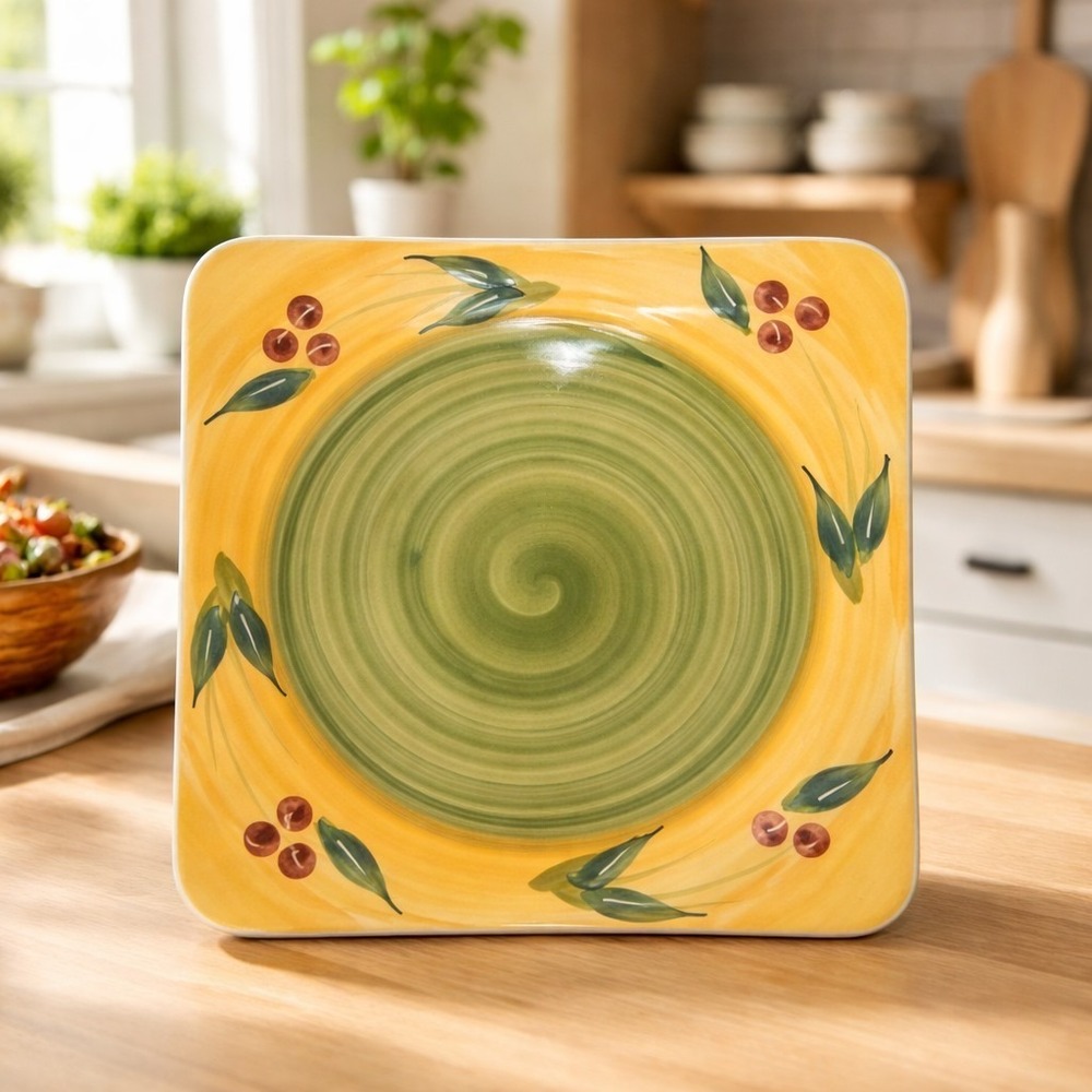Maxam Sonoma Tile Trivet 7.5"‎ Square - Yellow, Green, Red Floral Leaf Pattern